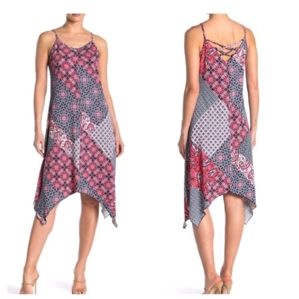 Nina Leonard V-Neck Handkerchief Asymmetrical Midi Spaghetti Strap Womens 1X